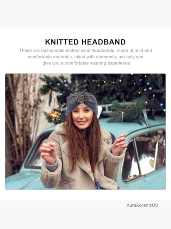 Knitted Warm Headband with Rhinestone Diamonds - Soft Elastic Hair Strap for main image 5